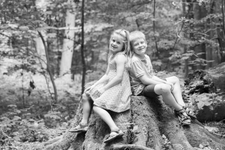 geschwisterportrait im Wald, Junge und Mädchen sitzen gemeinsam auf einem Baumstumpf und lächeln in die kamera