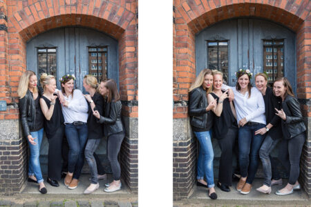 5er Gruppenfotos in der Speicherstadt vor einer Tür und backstein